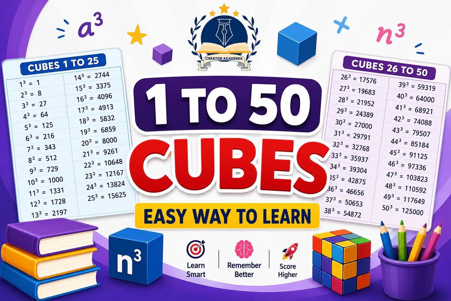 1 to 50 Cubes: Easy Way to Learn