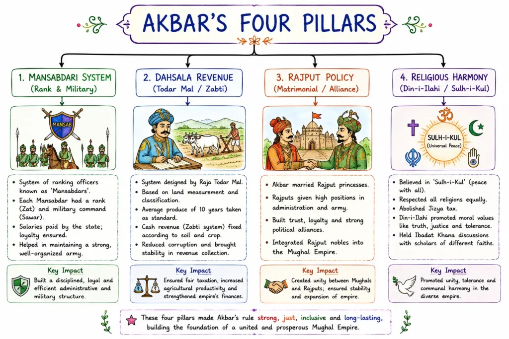 The Mughal Empire: Babur, Humayun, Akbar, Jahangir, Shah Jahan, and Aurangzeb (1526 – 1707 CE) 4 Akbar Four Pillars