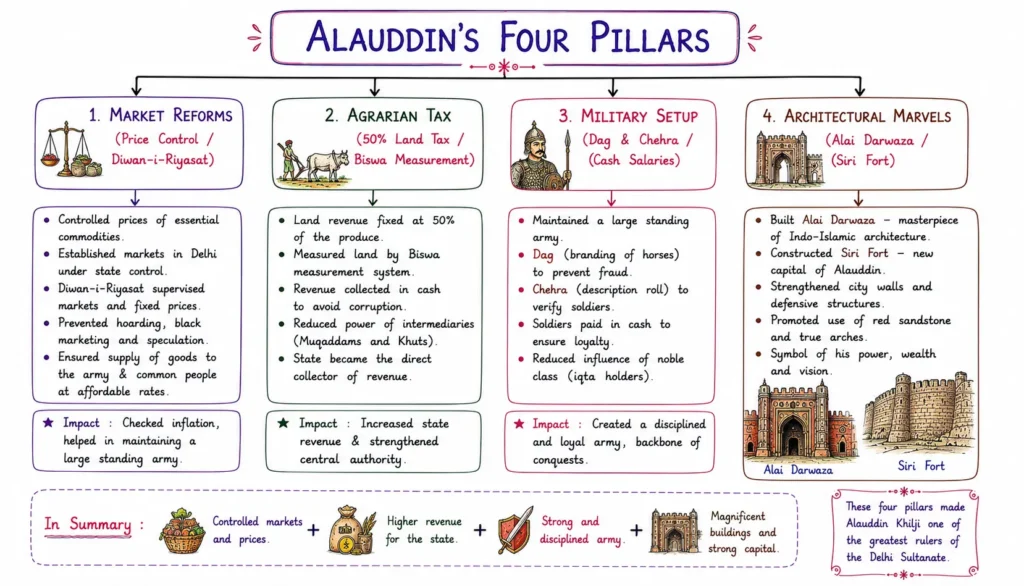 Delhi Sultanate: Mamluk, Khilji, Tughlaq, Sayyid, and Lodi Dynasties (1206 – 1526 CE) 4 Alauddin’s Four Pillars