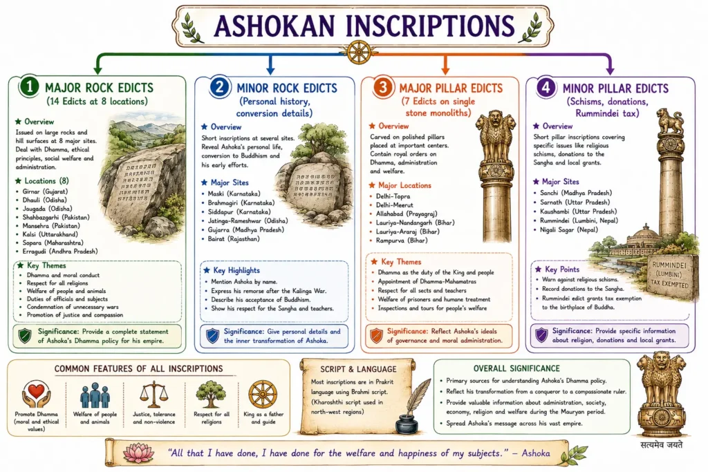 Mauryan Empire: Rise, Administration, Ashoka, and Decline 4 Ashokan Inscriptions