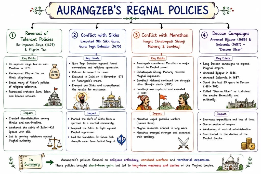 The Mughal Empire: Babur, Humayun, Akbar, Jahangir, Shah Jahan, and Aurangzeb (1526 – 1707 CE) 6 Aurangzeb Regnal Policies