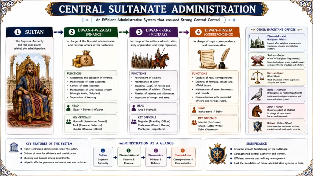 Delhi Sultanate: Mamluk, Khilji, Tughlaq, Sayyid, and Lodi Dynasties (1206 – 1526 CE) 8 Central Sultanate Administration