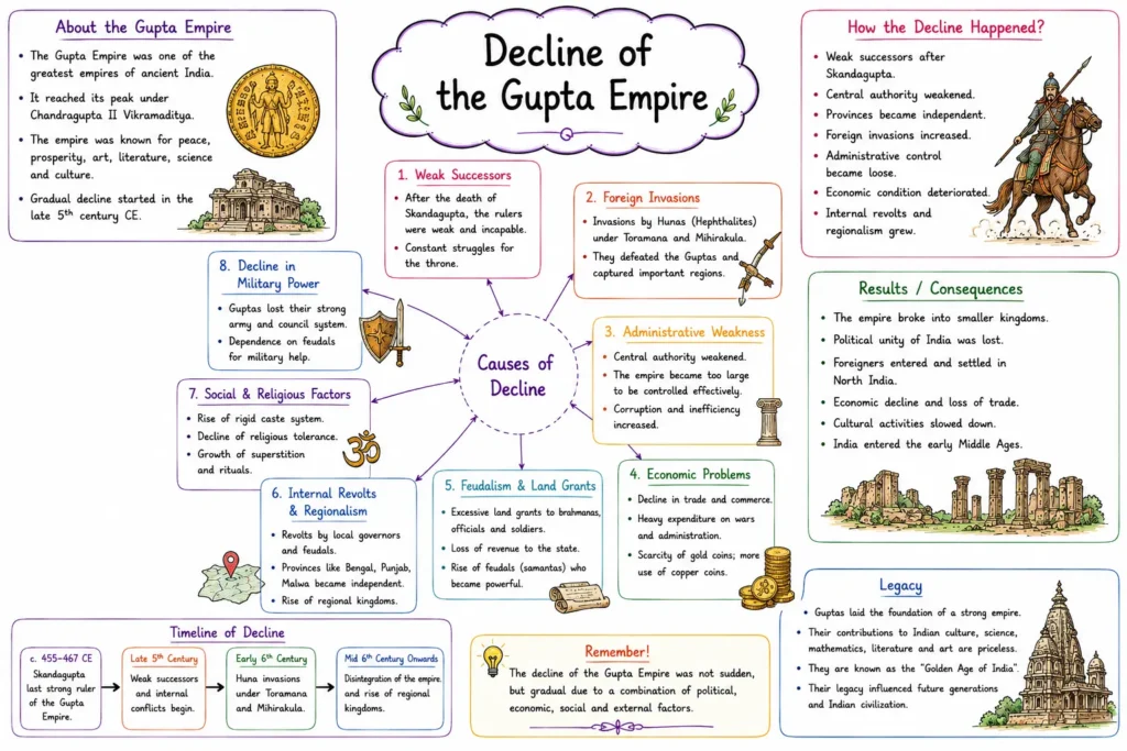 Gupta Empire: Rise, Administration, Art, Culture, and Golden Age (c. 319 – 550 CE) 6 Decline of the Gupta Empire