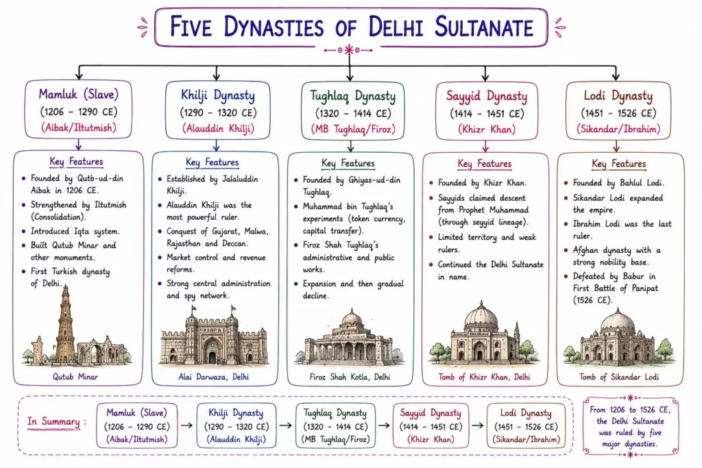 Delhi Sultanate: Mamluk, Khilji, Tughlaq, Sayyid, and Lodi Dynasties (1206 – 1526 CE) 1 Five Dynasties of Delhi Sultanate