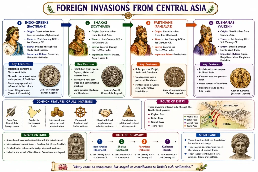 Post-Mauryan Period: Native Dynasties, Foreign Invasions, and Trade (c. 185 BCE – 300 CE) 4 Foreign Invasions from Central Asia