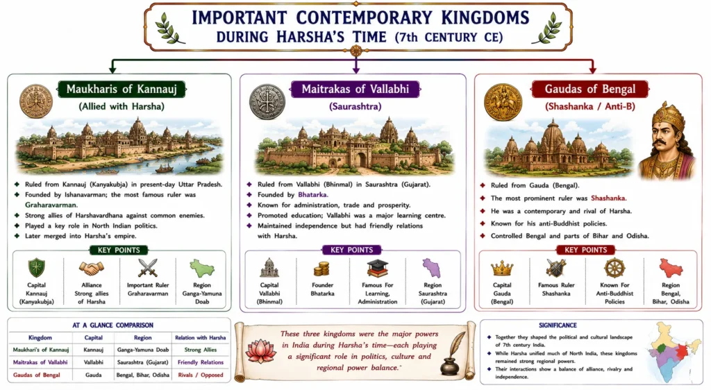 Post-Gupta Period: Harshavardhana, Regional Kingdoms, and South Indian Dynasties (c. 550 – 750 CE) 3 Important Contemporary Kingdoms