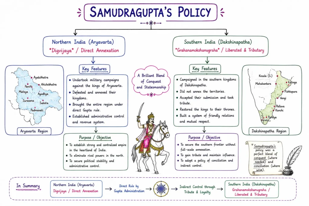 Gupta Empire: Rise, Administration, Art, Culture, and Golden Age (c. 319 – 550 CE) 3 Samudragupta Policy