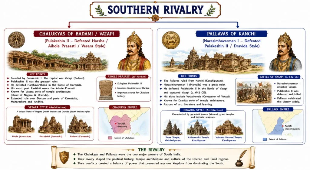 Post-Gupta Period: Harshavardhana, Regional Kingdoms, and South Indian Dynasties (c. 550 – 750 CE) 4 Southern Rivalry