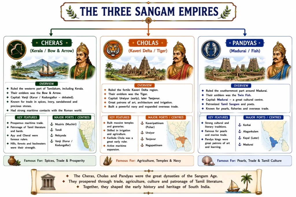 Post-Gupta Period: Harshavardhana, Regional Kingdoms, and South Indian Dynasties (c. 550 – 750 CE) 5 The Three Sangam Empires