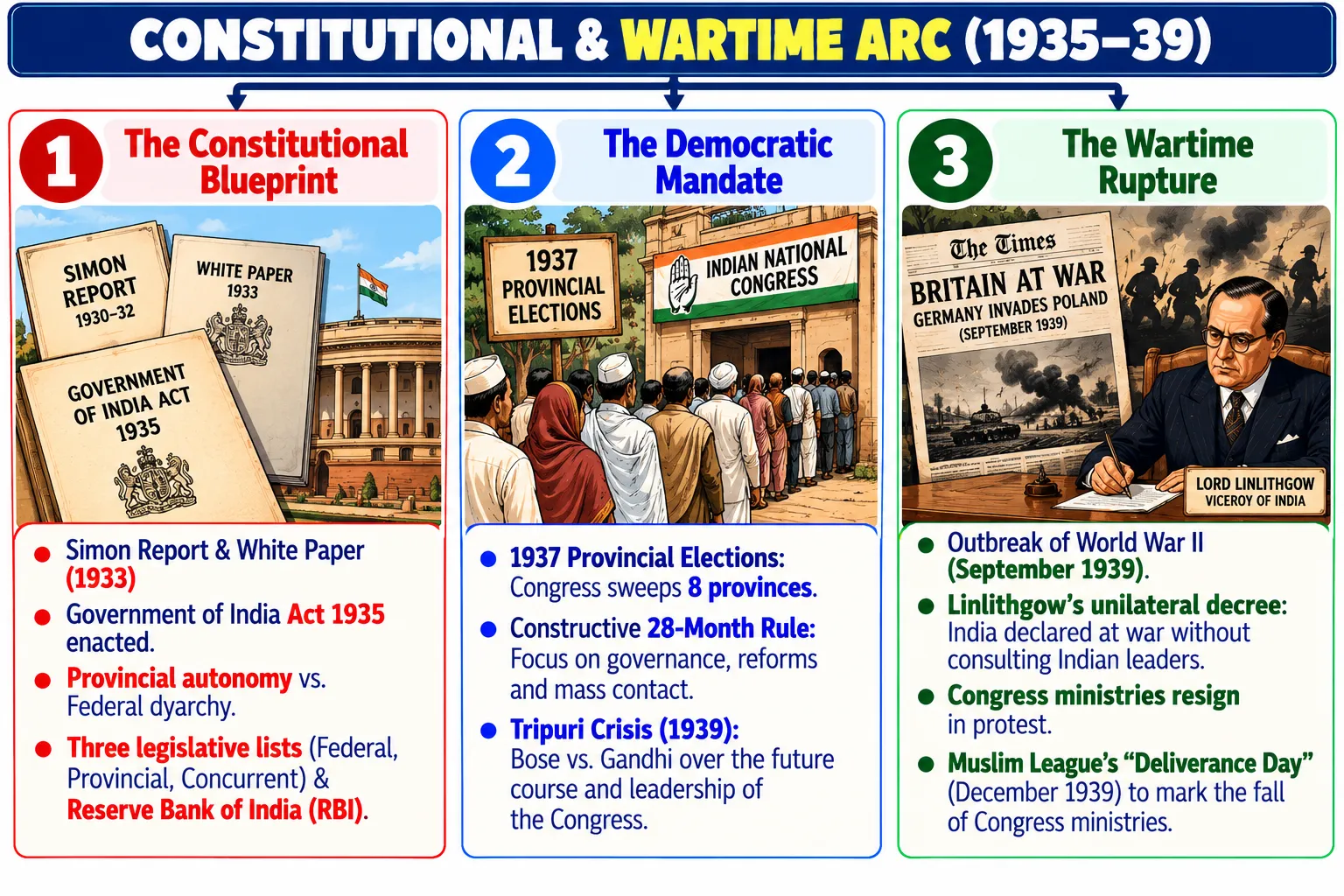 Constitutional and Wartime Arc (1935–1939) Overview Diagram