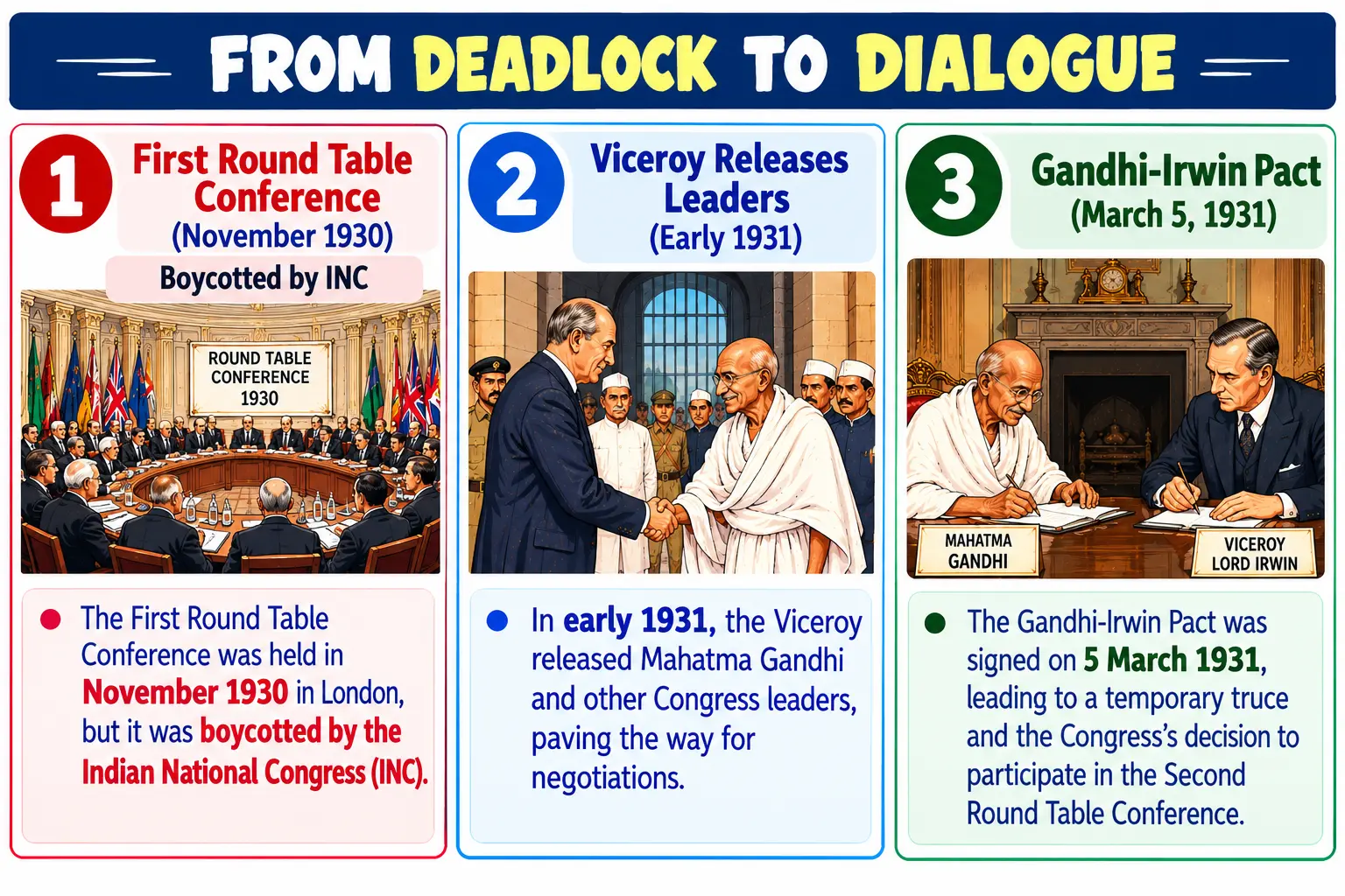 From Deadlock to Dialogue: First RTC to Gandhi-Irwin Pact Diagram