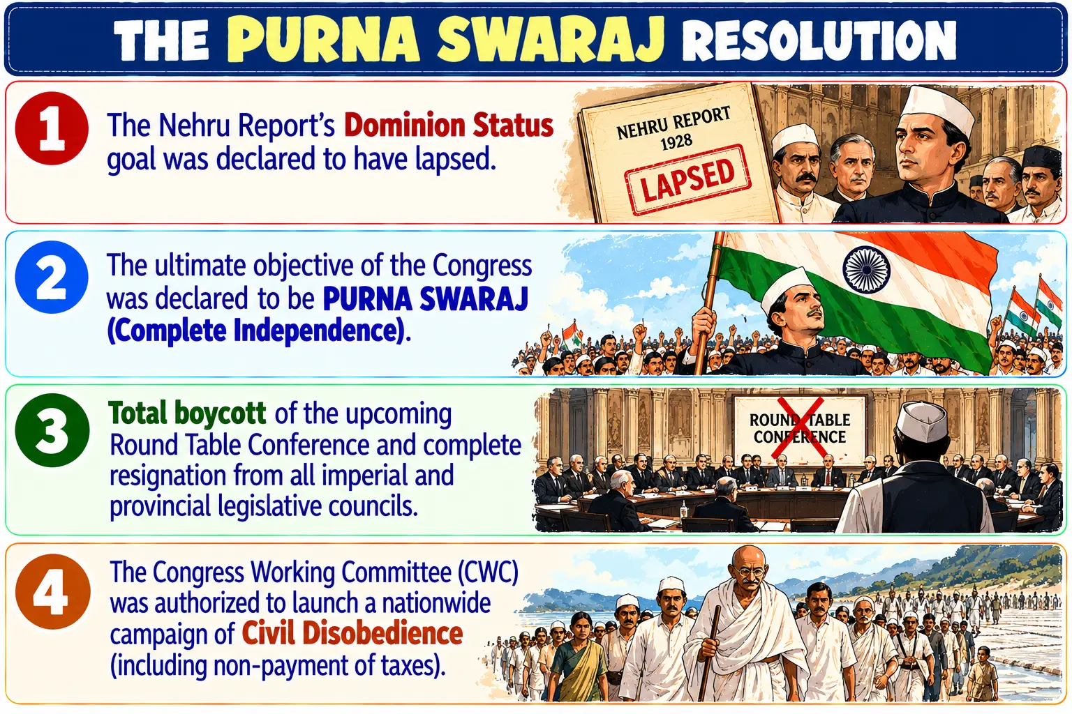 The Purna Swaraj Resolution Key Mandates Infographic