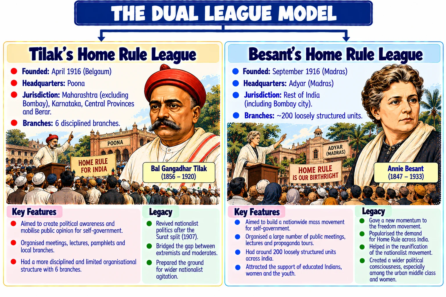 The Dual League Model: Tilak vs Annie Besant Home Rule Leagues