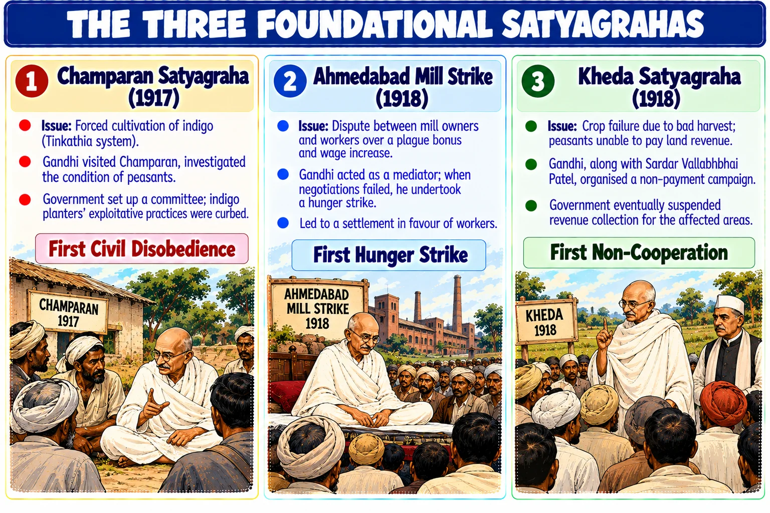 The Three Foundational Satyagrahas: Champaran, Ahmedabad, and Kheda
